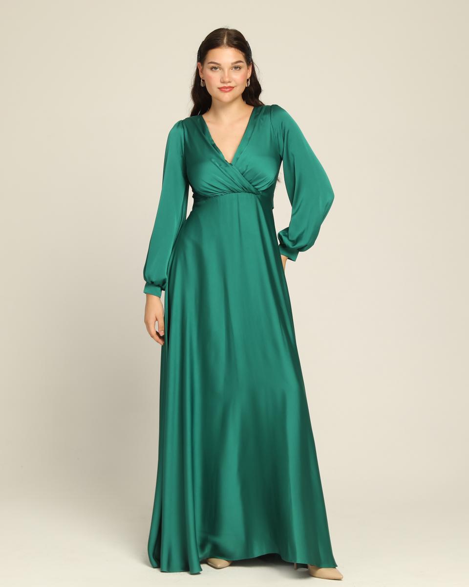 שמלת מקסי סאטן חגורה- ירוק