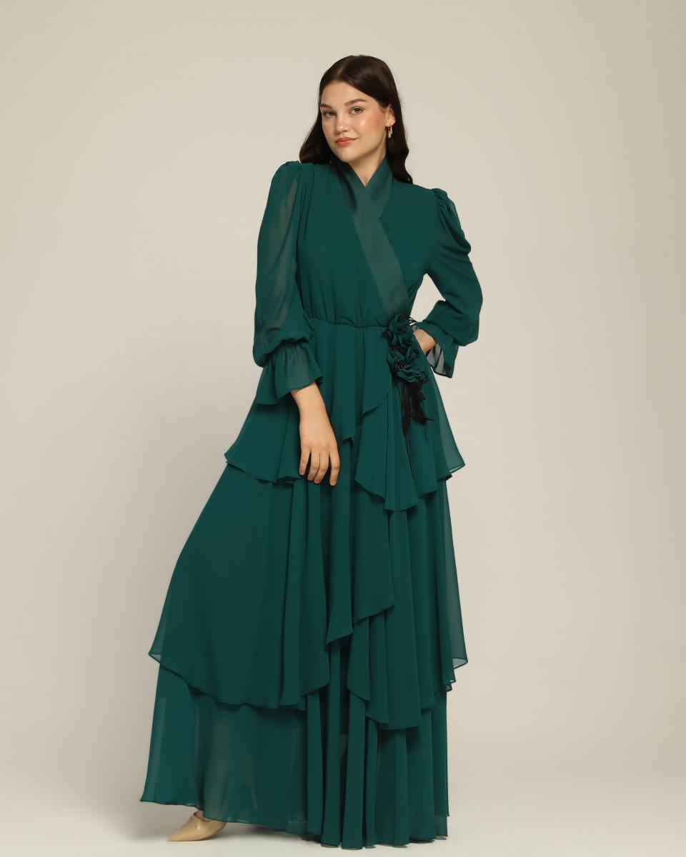שמלת מקסי שיפון מעטפת קומות א-סימטרי- ירוקה