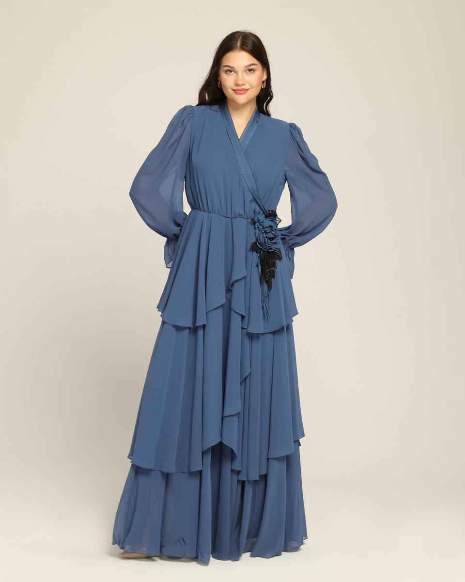 שמלת מקסי שיפון מעטפת קומות א-סימטרי כחול